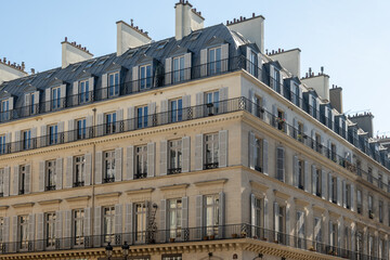 Fototapeta premium Architecture of Paris, Parisian neoclassical architecture facades, sculptural ornament and wrought-iron detailing, city's varied historical building types and styles