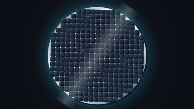 Six circular semiconductor silicon wafers glowing on dark background 4K 60 FPS