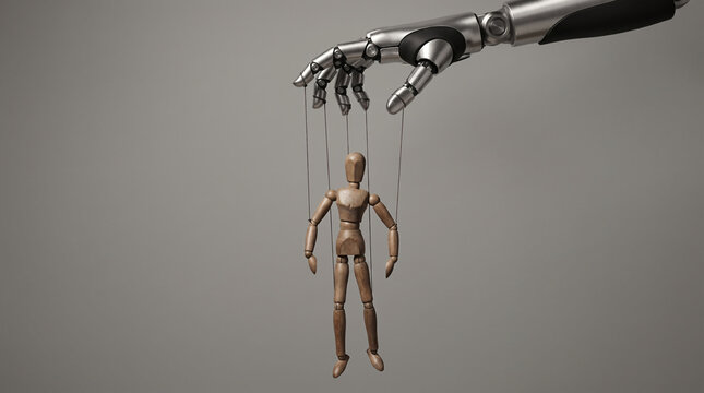 Wooden human marionette controlled by an artificial hand. Loss of human autonomy through AI concept