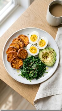 Healthy Breakfast with Sweet Potato, Avocado, Eggs and Spinach,Healthy and nutritious breakfast featuring roasted sweet potato slices, boiled eggs, fresh avocado and saut&eacute;ed spinach served on a cerami