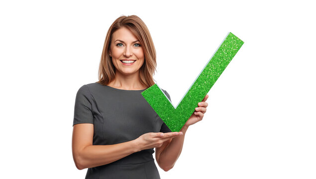 Smiling Businesswoman Holding Large Green Check Mark Success Symbol Isolated