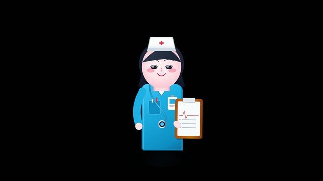 Cartoon nurse in blue scrubs with medical clipboard on black 4K 60 FPS
