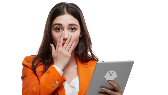Shocked Young Woman in Orange Blazer Looking at Tablet with Surprised Expression Isolated