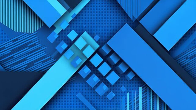 Geometric Blue Abstract Background: An abstract composition of interlocking geometric shapes in various shades of blue, featuring squares, rectangles, and lines creating a dynamic visual pattern.