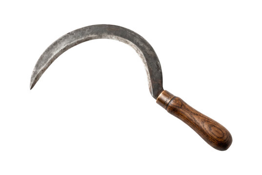 Antique sickle with wooden handle isolated on a bright studio setting representing harvest and agriculture