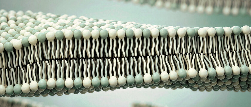 Close-up of a phospholipid bilayer cell membrane model. Scientific molecular structure diagram showing hydrophilic heads and hydrophobic tails in white and light green