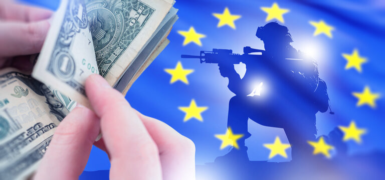 European defense, military service and army funding concept with armed soldier silhouette, EU flag and US dollar banknotes representing defense spending.