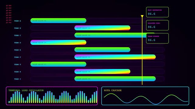 A digital shift scheduler interface displays dynamic bar graphs and oscillating wave patterns across multiple rows to manage team task progress in a neon virtual monitor