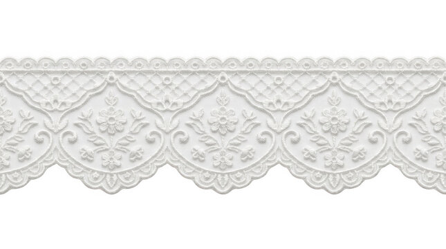 Intricate floral lace trim with delicate patterns and scalloped edges on a plain surface