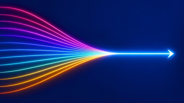 Abstract neon light streaks converge into a single bright arrow on a dark blue background symbolizing direction focus and progress