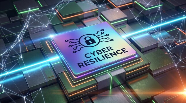 Cyber Resilience Concept with Padlock Icon on Digital Microchip and Network Circuit Technology Background