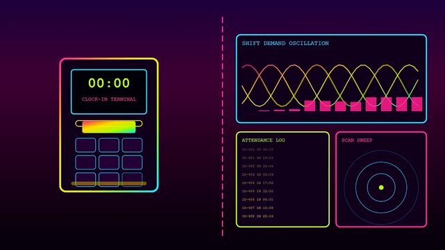 A digital shift scheduler interface displays rhythmic wave patterns and numerical data logs on glowing neon terminal screens set against a deep violet dark atmosphere