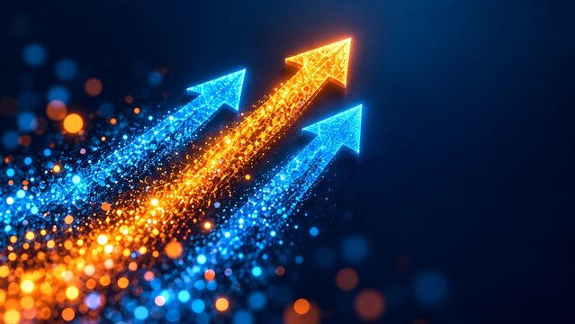 Three glowing arrows one orange and two blue ascend upwards from a trail of sparkling particles against a dark blue background with bokeh lights symbolizing progress and success.