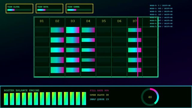 A digital shift scheduler interface displays dynamic workflow bars moving across grids as team progress metrics pulse within a dark environment featuring vibrant neon color gradients