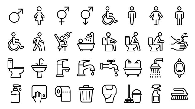 Comprehensive Restroom and Hygiene Icon Set featuring minimalist black line art pictograms of gender symbols, bathroom fixtures, and cleaning tools. Ideal for wayfinding signage and app UI.