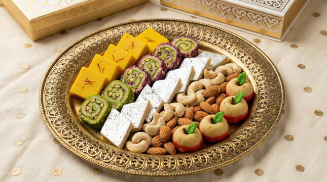raditional Indian sweets and savory snacks served on decorative metal thali