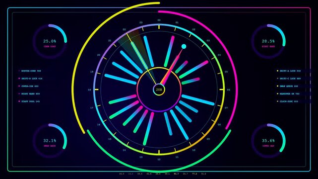A digital shift scheduler interface displays dynamic circular loading bars with glowing blue and neon pink indicators across three separate monitor panels in dark space