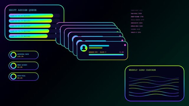 A digital shift scheduler interface shows changing data bars and metrics while panels slide across the screen in this seamless motion graphics business software simulation