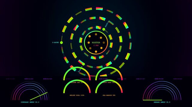 a colorful shift scheduler dashboard displays intricate circular ring graphics and linear gauges with glowing neon segments rotating across three distinct digital panels for data visualization