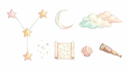 Obraz premium かに座の星座と夏の夜空の星図 クリップアート 水彩