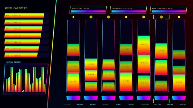 a colorful shift scheduler digital interface displaying data visualization dashboards with multiple vertical bar graphs and metrics shown on a dark screen in bright neon colors