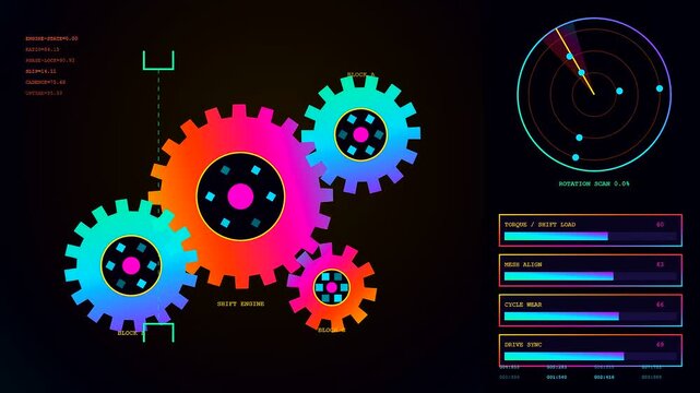 a colorful shift scheduler animation cycle displays rotating glowing gear mechanical components with fluctuating data metrics and radial radar monitoring patterns set against a dark void field