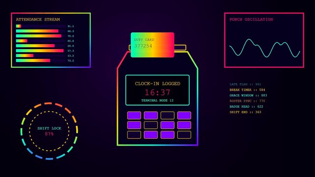 A digital shift scheduler interface displays glowing neon punch clock panels featuring dynamic frequency waves and status bar metrics on a dark purple electronic command center