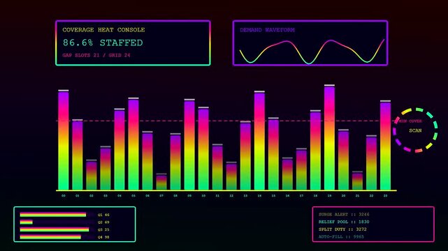 A digital shift scheduler interface displays animated bar graphs and rhythmic wave patterns in a dark environment with luminous glowing elements of neon purple and green