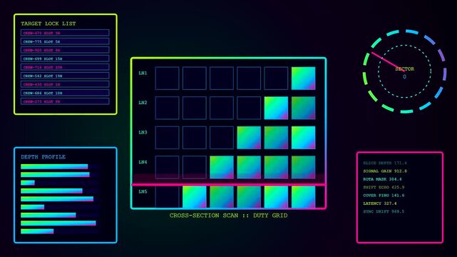 A digital shift scheduler interface glows with neon grid data and pulsating circular progress bars in this cinematic motion graphic representation of complex information flow monitoring