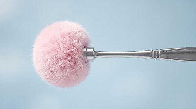 A medical reflex hammer where the head is a fluffy pink powder puff representing the gentle soft approach to pediatric neurology.