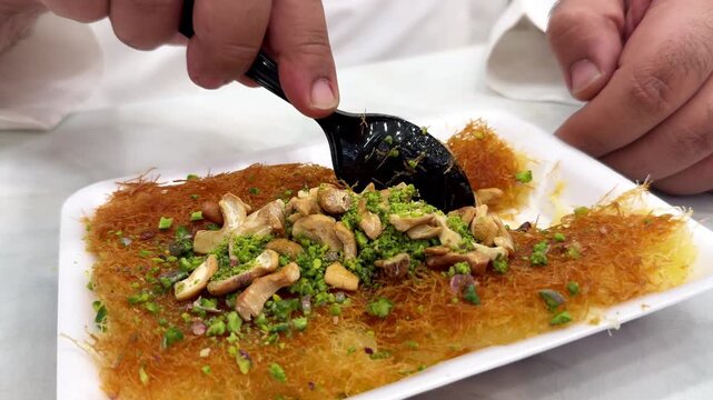 Eating Traditional Palestinian Nabulsi Kunafa Dessert with Melted Cheese
