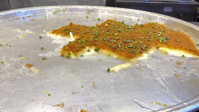 Fresh Warm Palestinian Nabulsi Kunafa Dessert in Large Tray