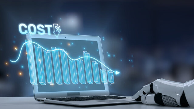 A robotic hand interacts with a laptop showing a cost analysis graph, symbolizing innovation and automation in the business and finance sectors in a modern office. Salient