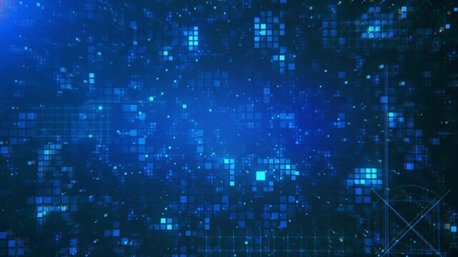 Digital technology background with glowing blue pixel squares motion video