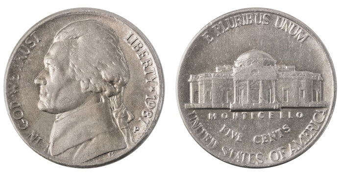Isolated photo USA 5 cent 1987 coins of on white background.