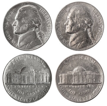 Isolated photo USA 5 cent 1988 coins of on white background.