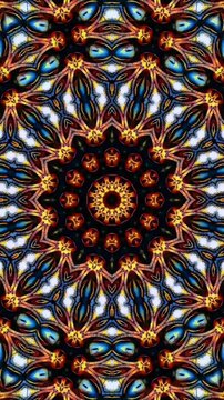 ​A seamless 4K motion loop featuring an intricate geometric kaleidoscope mandala pattern with vibrant blue, gold, and dark tones, ideal for dynamic backgrounds and textile designs.