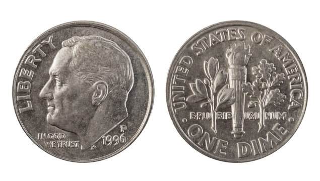 Isolated photo of USA 10 cent or dime 1996 coins of on white background.
