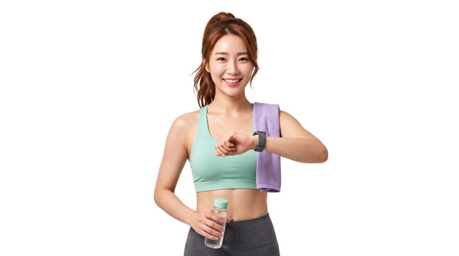 Smiling fitness woman holding water bottle and checking smartwatch wearing sports bra on transparent background