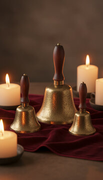 Brass hand bells on dark velvet, simple, rustic and handmade, warm candlelight glow