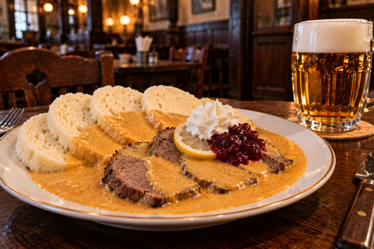 Czech sv&iacute;čkov&aacute; beef in cream sauce with bread dumplings