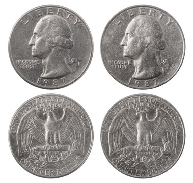 Isolated photo USA quarter dollar 1987 coins of on white background.