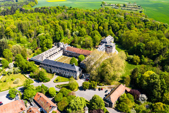 Aerial view of Arnsburg monastery near Lich, Arnsburg, Hesse, Germany,