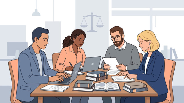 Professional Legal Team Collaboration featuring diverse lawyers working with laptops and law books in a modern office, ideal for law firm websites and legal education blogs.