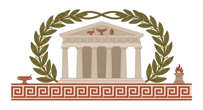 Classical illustration of an ancient Greek temple framed by a decorative laurel wreath, representing Greek history, architecture, mythology, culture, and classical heritage.