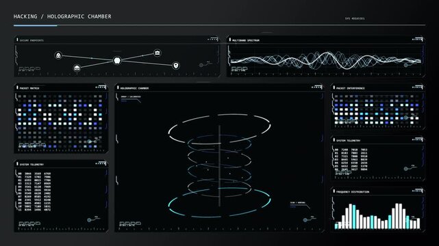  Futuristic sci-fi deep space telemetry HUD interface with radar, data charts, graphs, and digital control panels for tech and gaming projects.