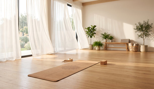 Sunlit wellness room featuring natural cork yoga mat with mandala design and sheer billowing curtains.