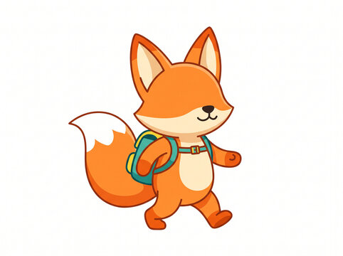 A cute cartoon fox with orange fur wears a teal backpack while walking against a white.