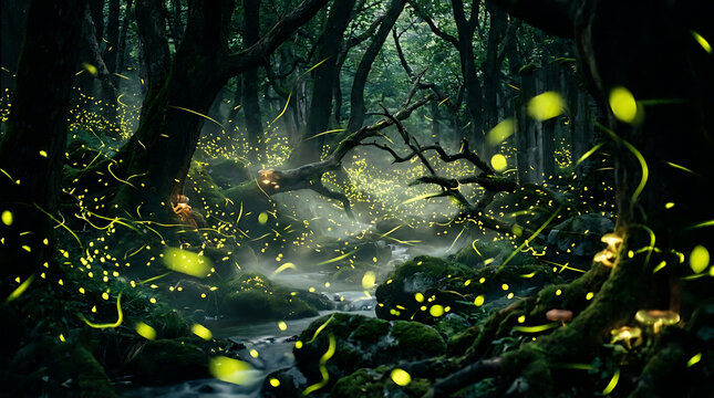 Fireflies Illuminating a Dark Mossy Forest Stream at Night