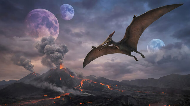 Pterodactyl Soaring over Volcanic Landscape with Glowing Lava